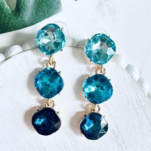 Blue Ombre Large Rhinestone Drop Earrings Long Dangle Jewelry Sparkle Boho NEW - Picture 2 of 7